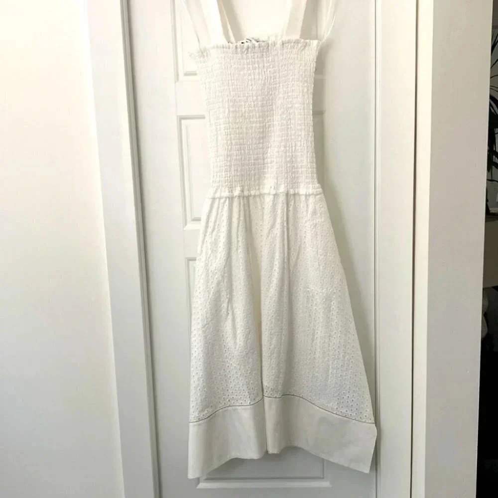 Proenza Schouler Dress 0 White Eyelet Smocked Drop Waist Broderie Anglaise - Picture 3 of 14